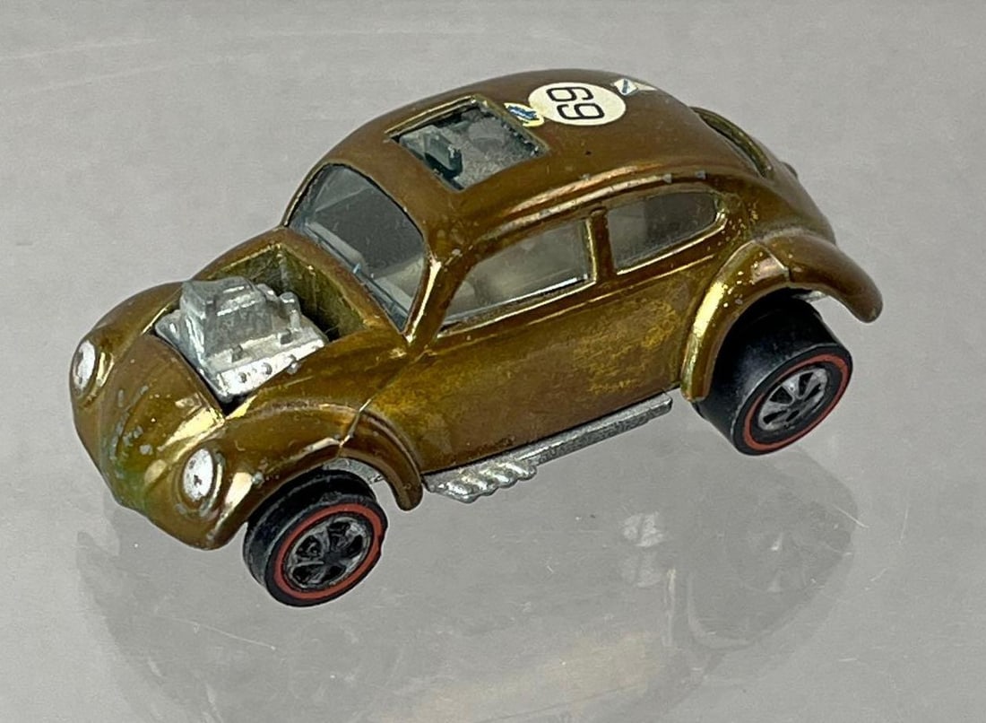 1967 Mattel Hot Wheels Redline Custom Volkswagen Die-Cast Vehicle: Metallic Gold, white interior, clear windows.