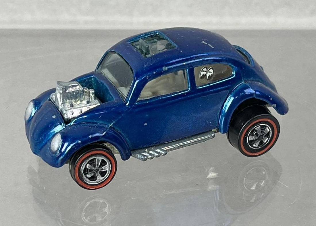1967 Mattel Hot Wheels Redline Custom Volkswagen Die-Cast Vehicle: Metallic Blue, white interior, clear windows.
