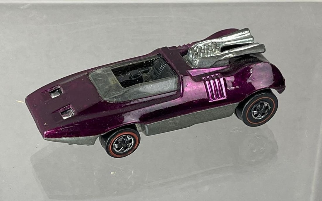 1969 Mattel Hot Wheels Redline Peeping Bomb Die-Cast Vehicle: Magenta Spectraflame, black interior, clear windows