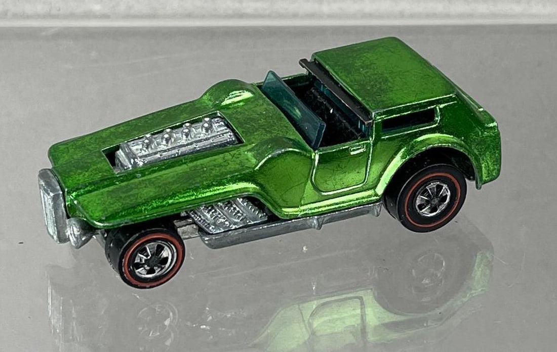 1970 Mattel Hot Wheels Redline The Hood Die-Cast Vehicle: Green Spectraflame, black interior, blue windows.