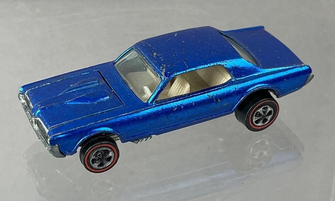 1968 Mattel Hot Wheels Redline Custom Cougar Die-Cast Vehicle: Blue, white interior, clear windows. Color has some wear.