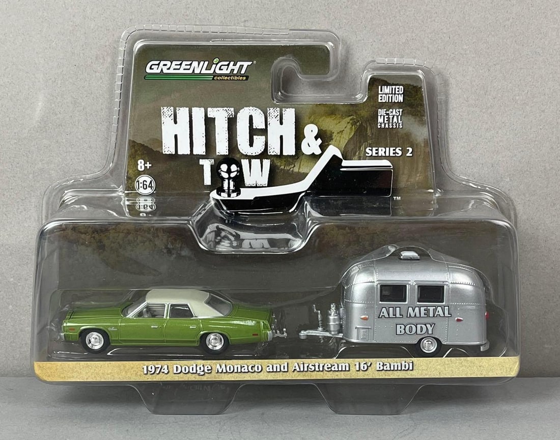 2015 Greenlight Hitch and Tow 1974 Dodge Monaco and Airstream Bamabi Die-Cast Set: Limited Edition. 1/64 scale, in original packaging
