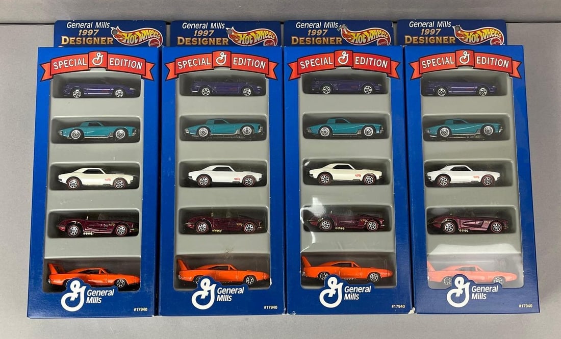 Group of 4 1997 Mattel Hot Wheels General Mills Designer Collection Die-Cast Gift Packs: In original packaging.
