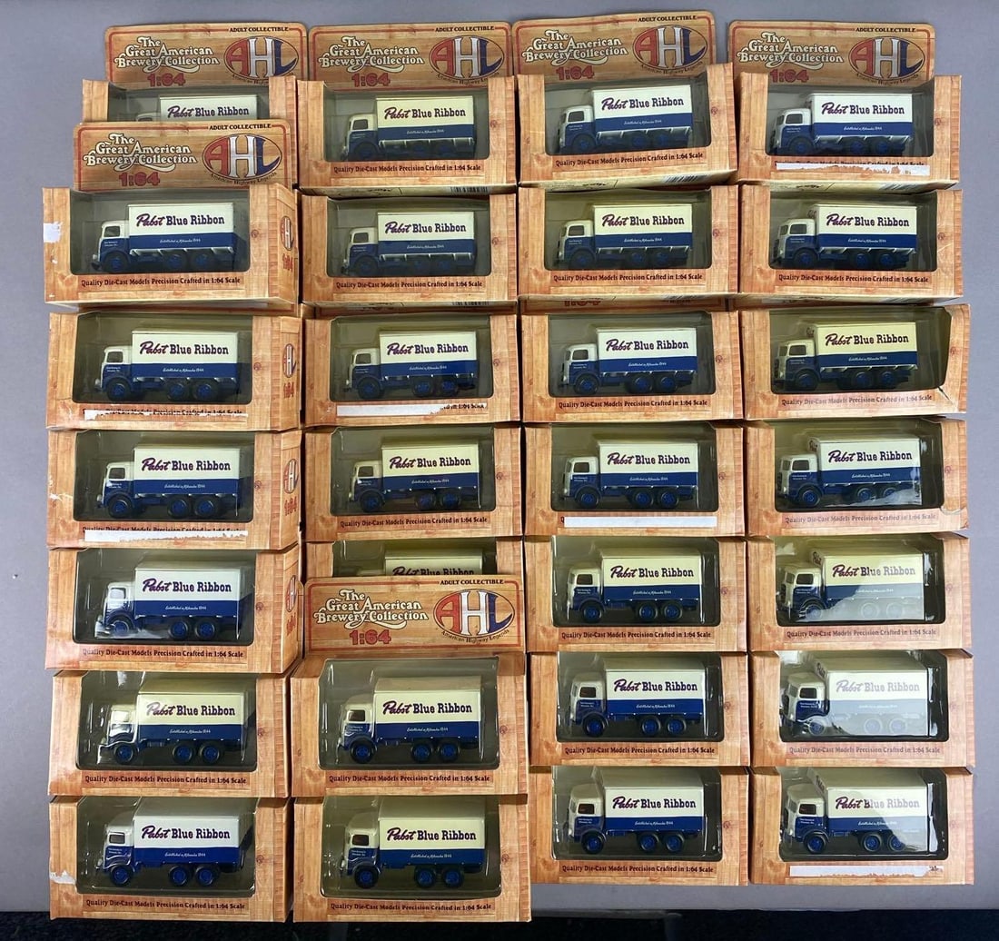 Group of 30+ American Highway Legends Pabst Blue Ribbon Mack Model CJ 1/64 Scale Die-Cast Trucks: Some have water damage. Like new in original packaging.