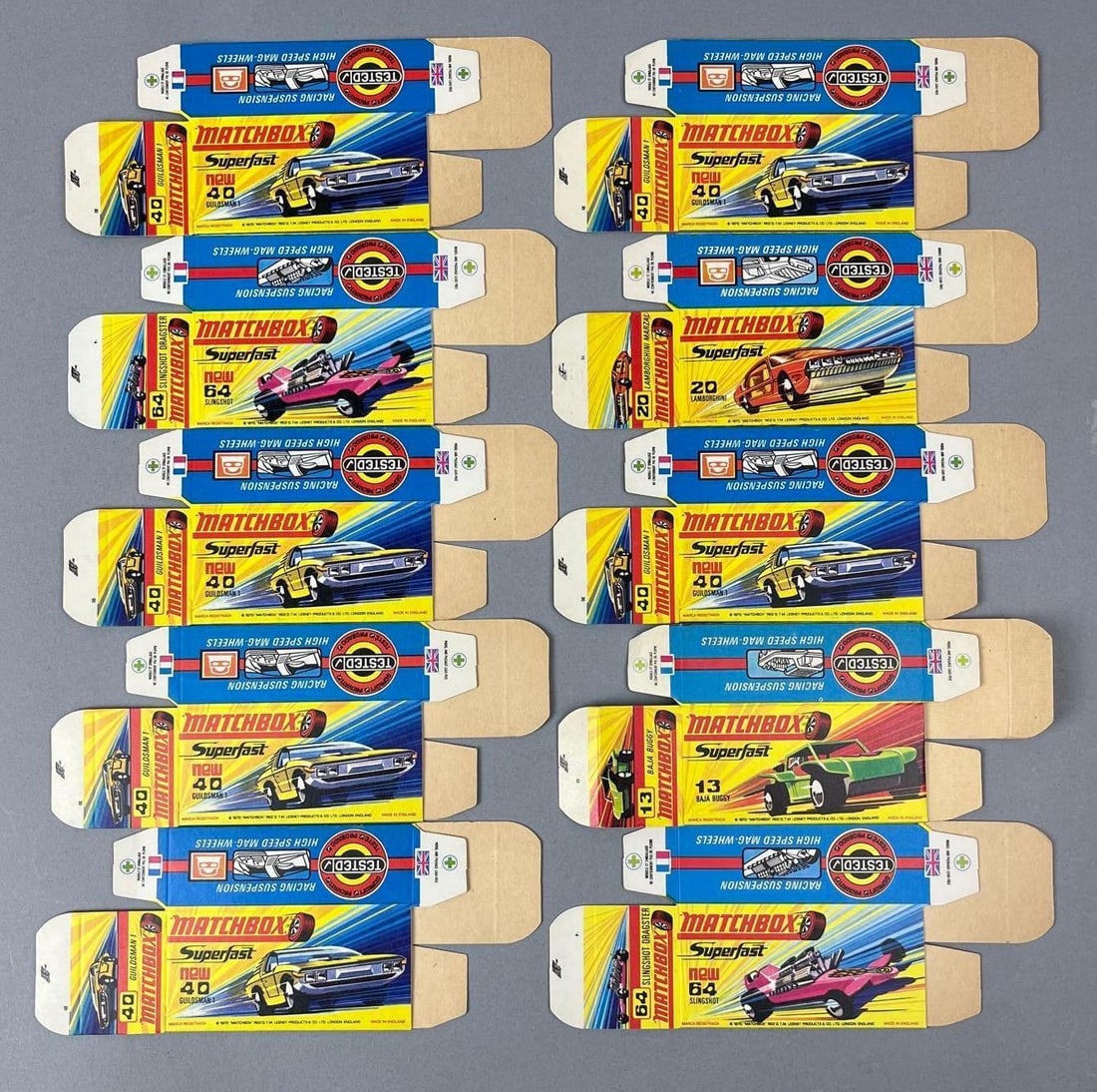 Group of 10 Lesney Matchbox Type H Boxes: Includes Baja Buggy, Slingshot Dragster, Guildsman 1 and more.
