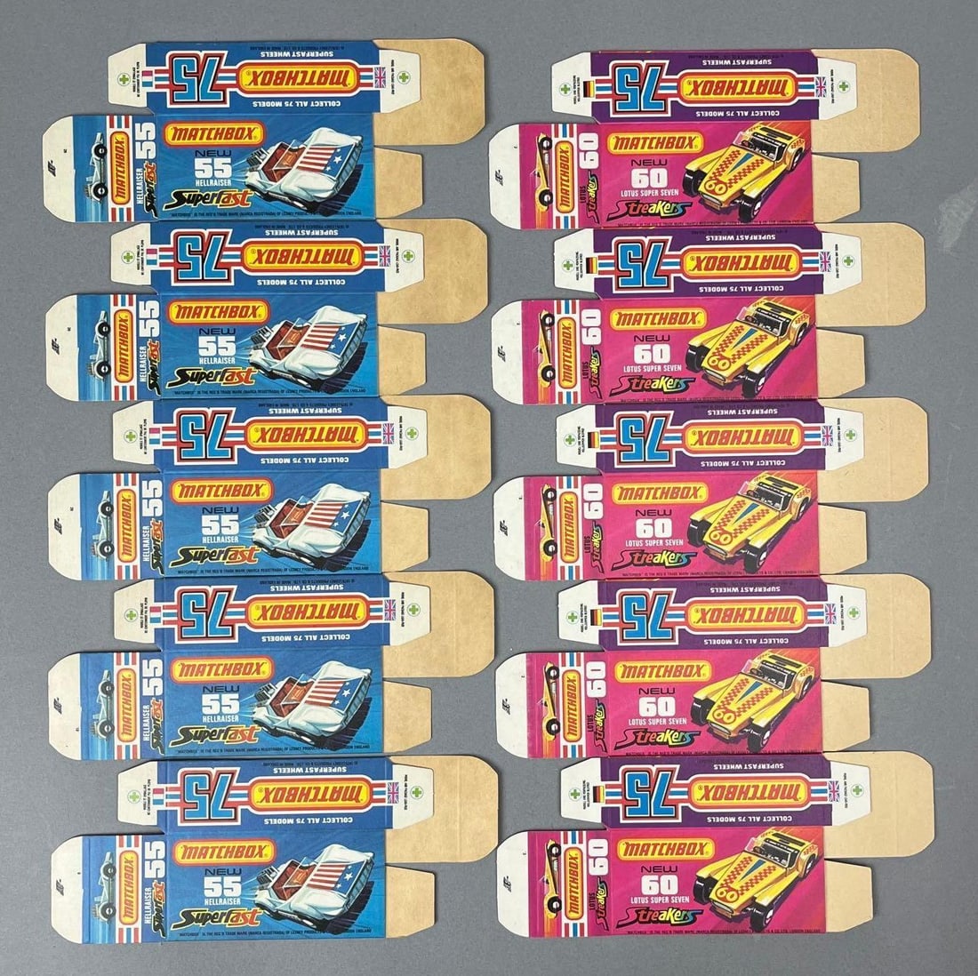 Group of 10 Lesney Matchbox Type J Boxes: Includes Hellraiser and Lotus.