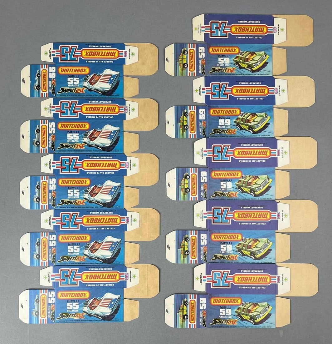 Group of 10 Lesney Matchbox Type J Boxes: Includes Hellraiser and Planet Scout.
