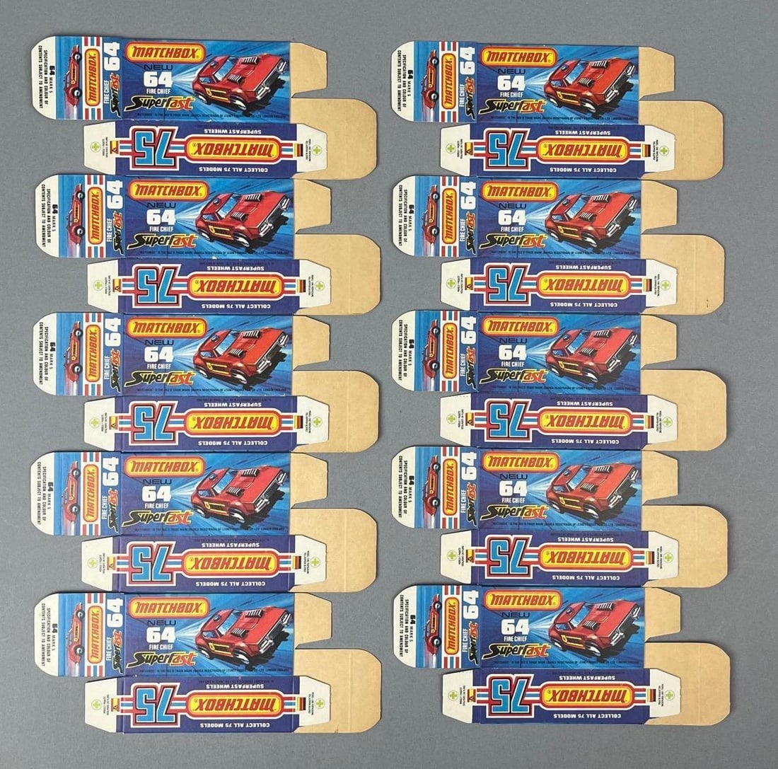 Group of 10 Lesney Matchbox Type J Boxes: All are Fire Chief