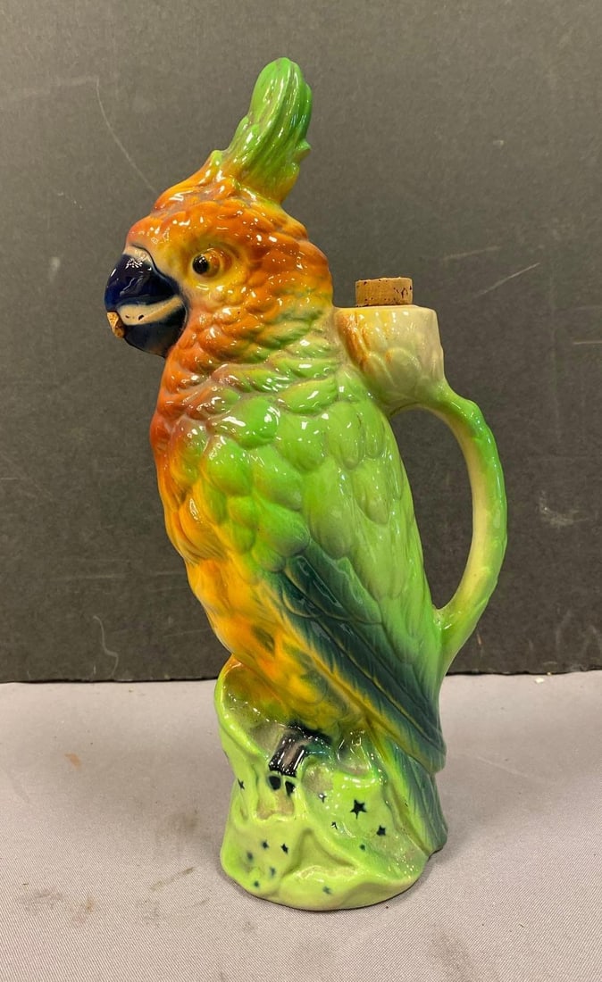 Vintage 1950s French Garnier Liqueurs Figural Parrot Decanter Bottle: Measures 12 inches tall.