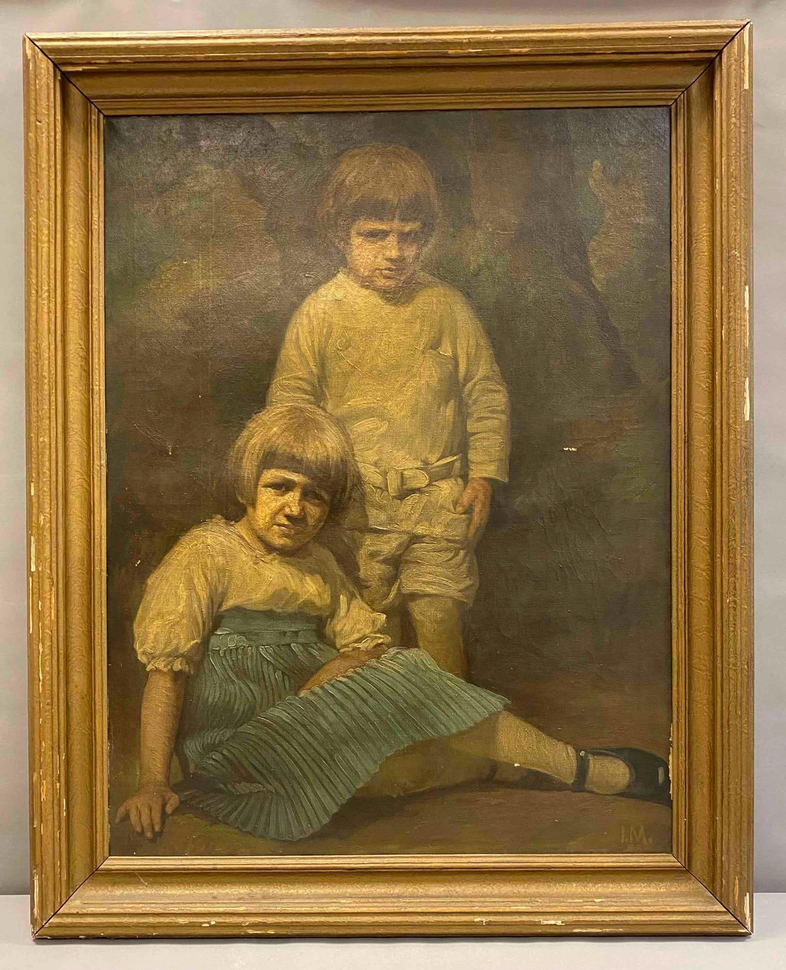 Antique 1918 Signed J.M. Childrens Portrait Oil on Canvas Painting: Signed J.M. Measures L 48 x W 38 inches. No in house Shipping, third party recommended