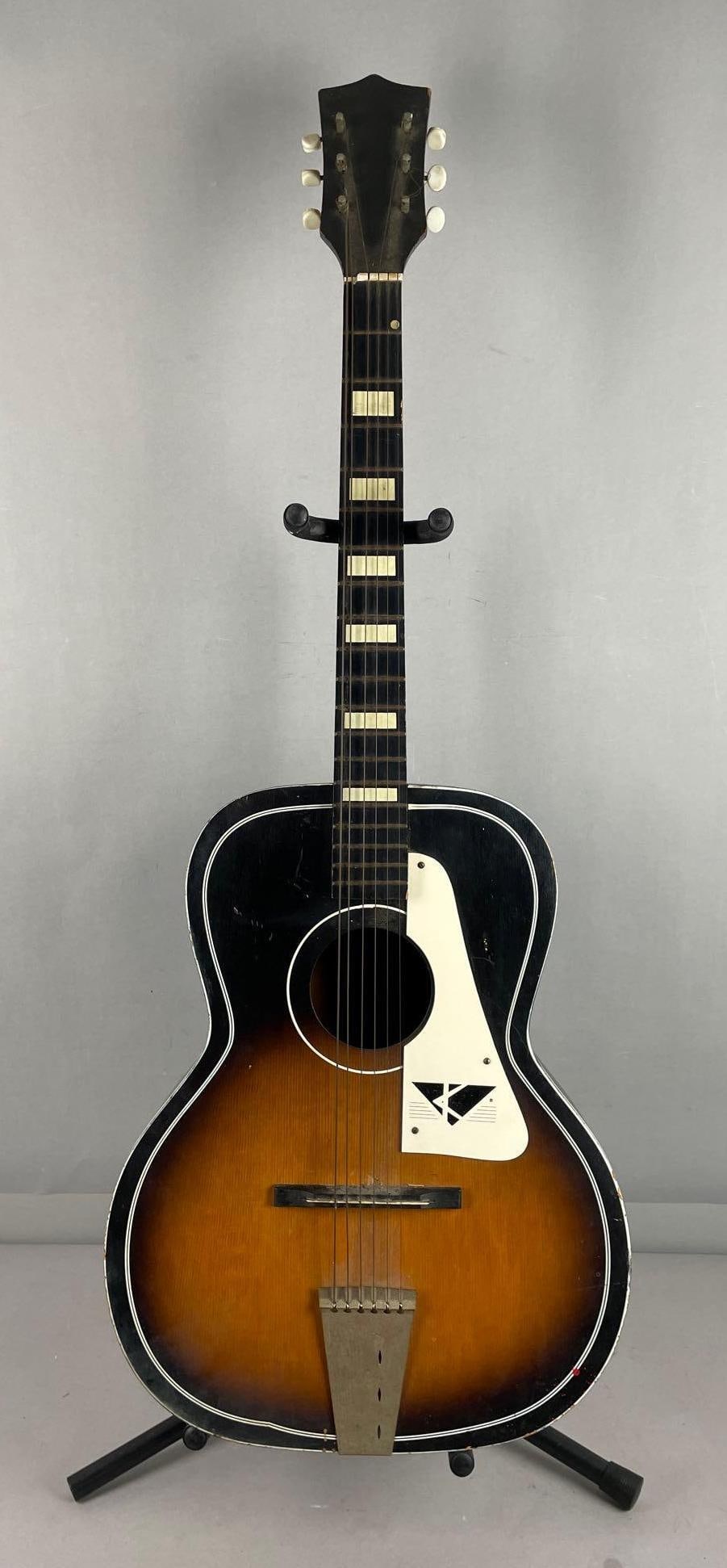 Vintage Kay Model 5160 Acoustic Guitar: 3rd party shipper or pickup recommmended. Broken head nut, well used, measures 41 inches with 14 1/4 inches neck