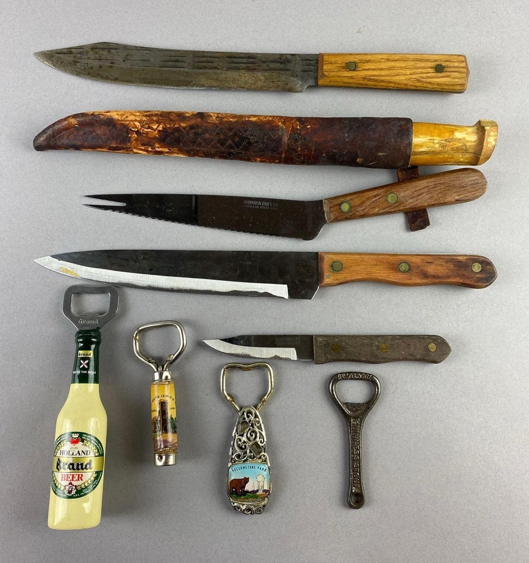 Group of Assorted Vintage Kitchen Utensils and More: Includes Vintage carving knives, vintage bottle openers, and more. Largest measures 12 inches in length.