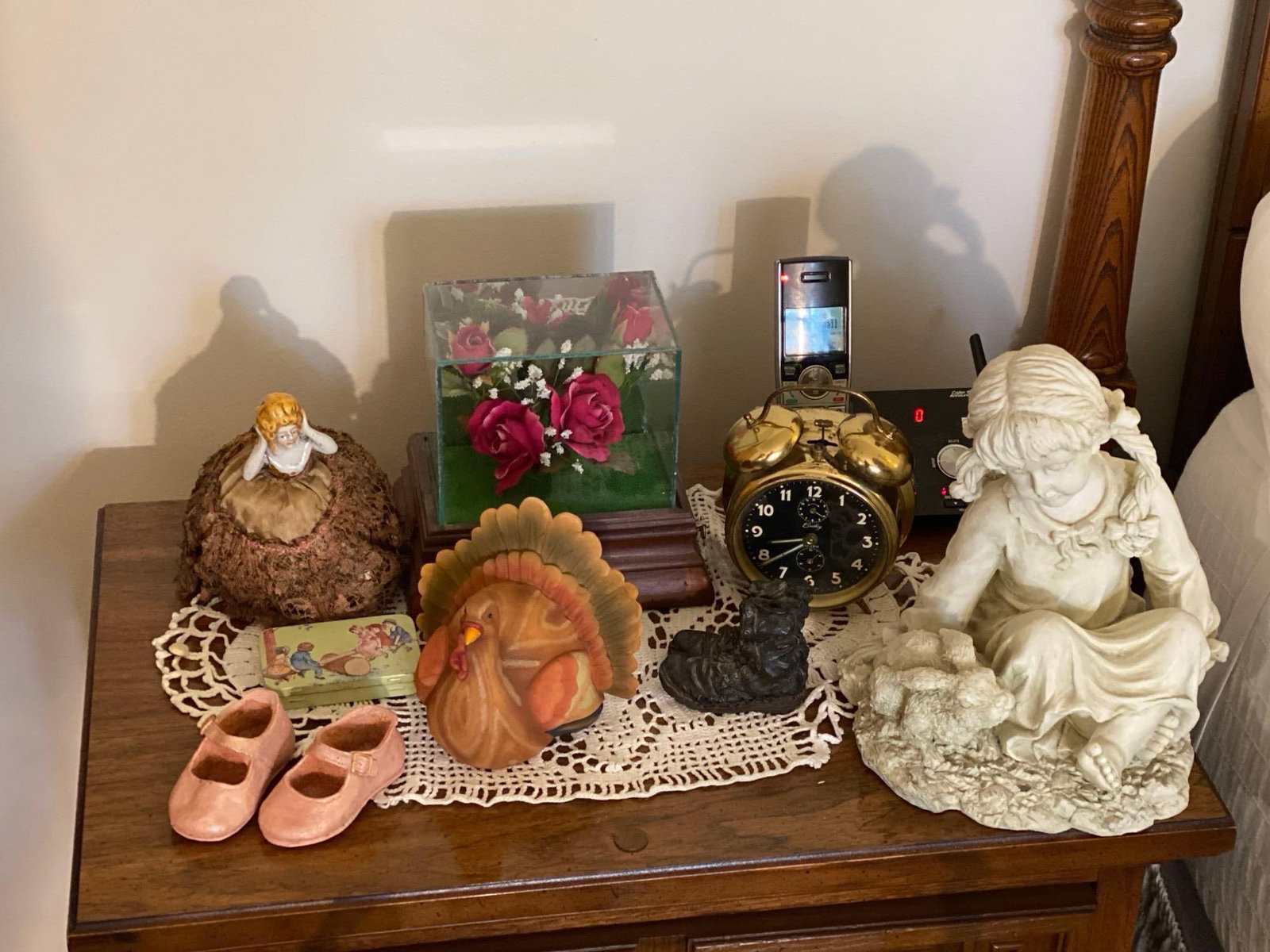 Group of Assorted Items: Includes crocheted doily, turkey Figurine and more