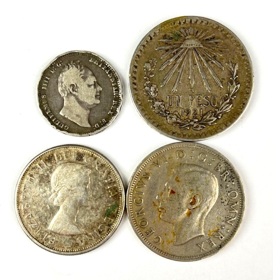 Group of 4 Foreign Coins: Includes 2 Great Britain George V Crown, Spain Ferdinand VII Coin and more.