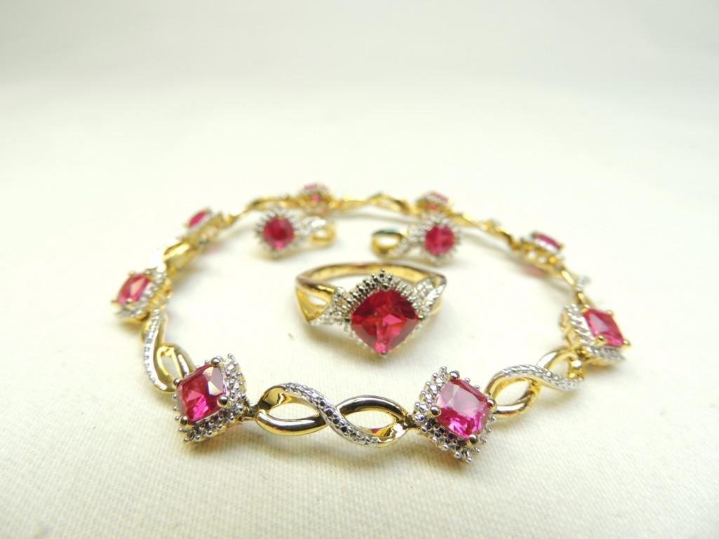 Sterling Silver Syn. Ruby Pendant, Earrings, Ring (1 of 3)