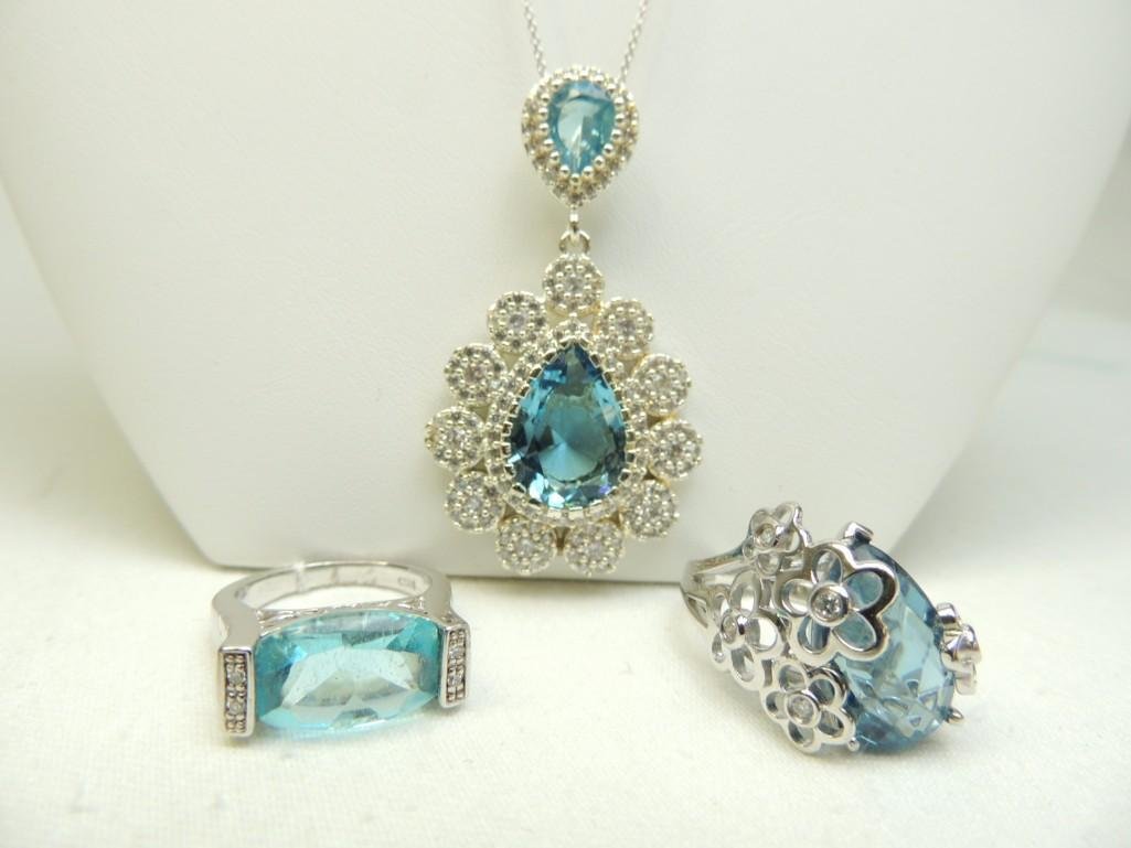 Sterling Silver Syn. Blue Topaz Set: Pendant 16" Rolo Chain, Both Rings Size 7