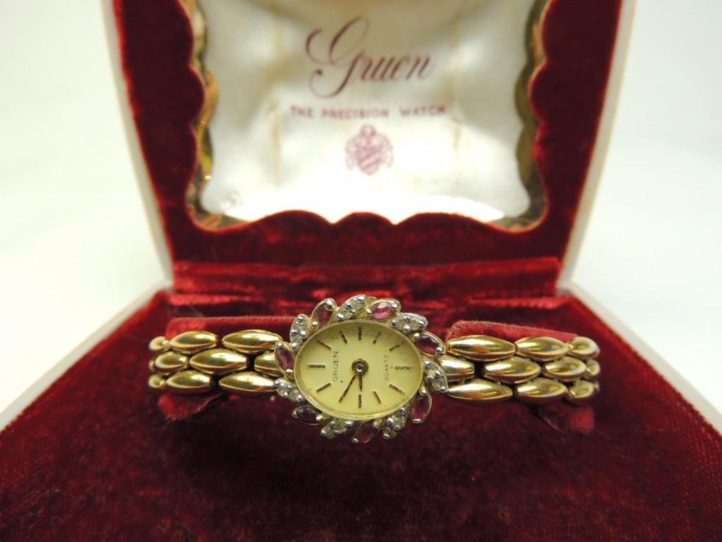 Womens Gruen Quartz Watch: 7 Marquis Rubies and 14 Round Diamonds 7"