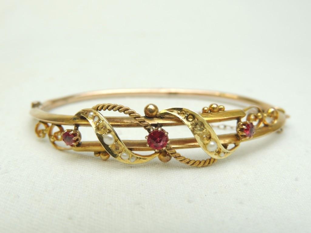 9K Gold Ruby and Seed Pearl Bangle Bracelet (1 of 4)