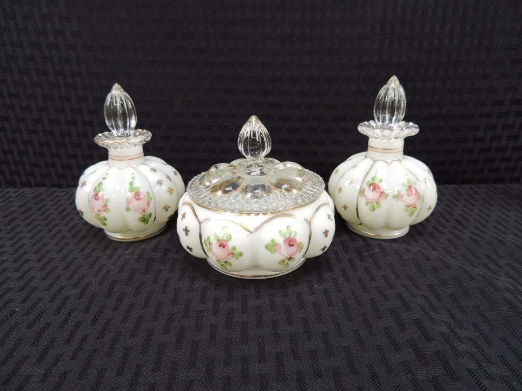 Fenton Hand Painted Melon Powder Jar and 2 Perfume Bott (1 of 3)