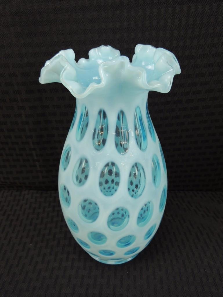 Fenton Blue Opalescent Coin Dot 10" Ruffled Edge Vase (1 of 4)