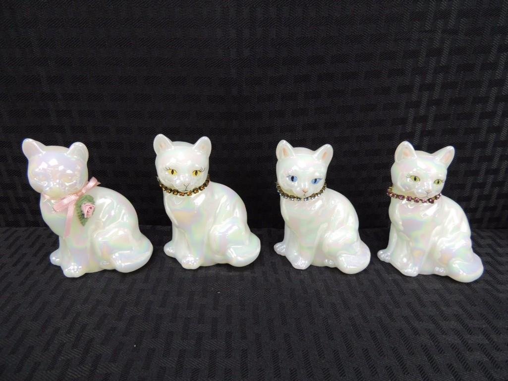Fenton Opal Signed Hand Painted Glass Cats Group of 4 (1 of 5)
