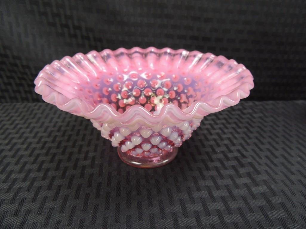 Fenton Cranberry Opalescent Hobnail 7" Ruffled Edge Bow: Excellent Condition-no chips, no cracks