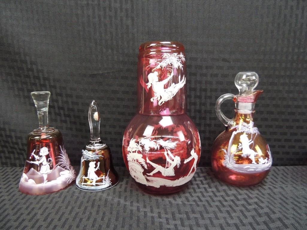 Fenton Hand Painted Bells, Pitcher, Tumbler, and Cruet (1 of 2)