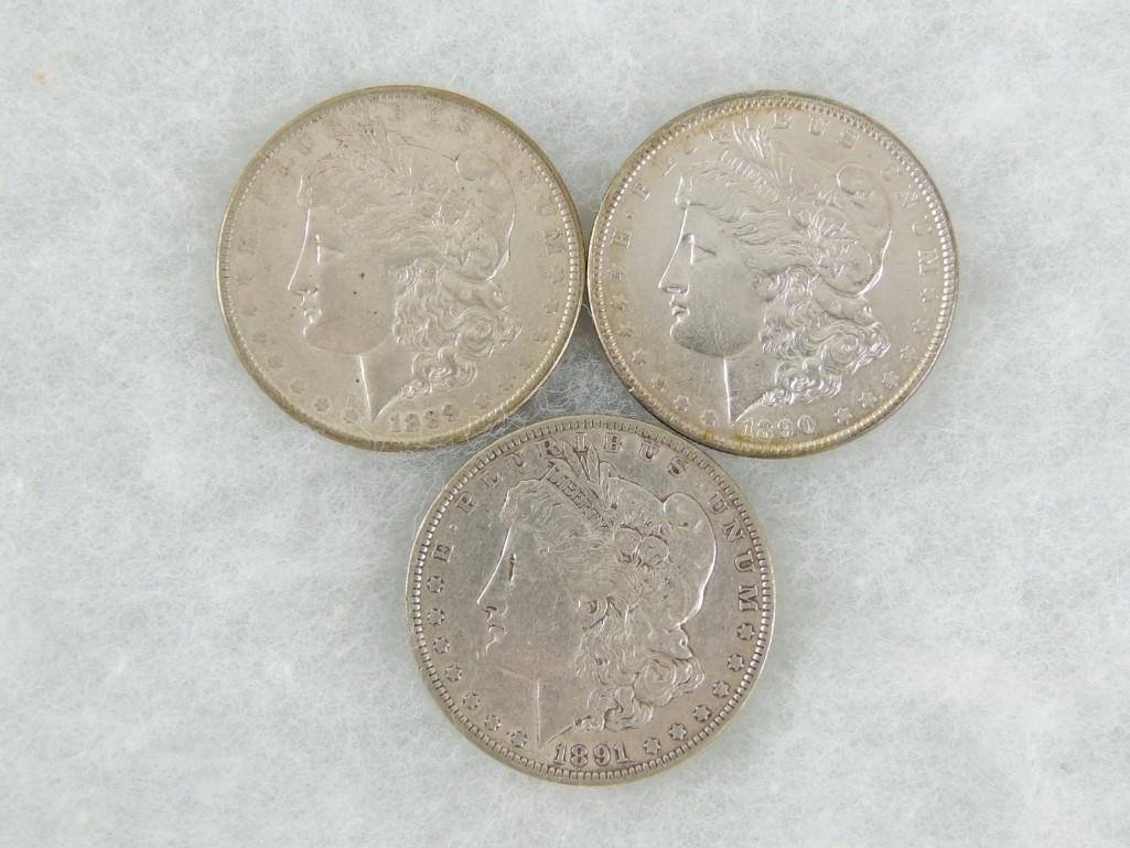 Group of 3 Morgan Silver Dollars 1889, 1890, and 1891 (1 of 2)