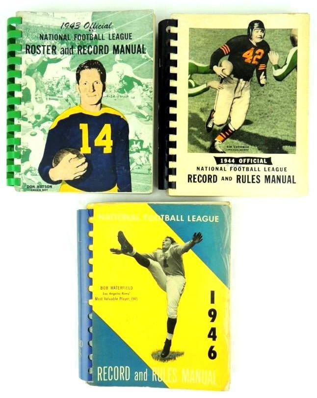 1943,44, and 46 NFL Record Manuals Featuring Don: A nice group overall in excellent condition. 1943 Hutson, 1944 Luckman, and 1946 Waterfield