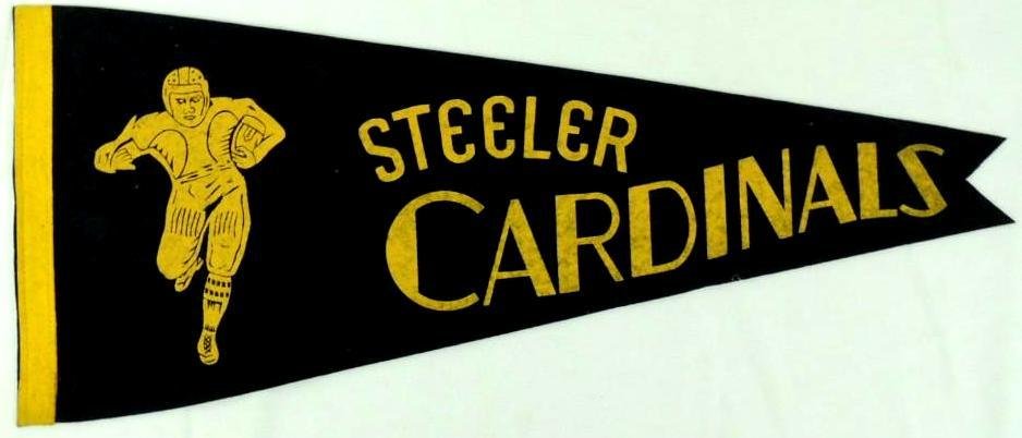 1944 Steelers Cardinals Pennant: Extremely rare and highly sought after Steelers Cardinals felt pennant. In 1944 player shortages due to WW2 caused the Pittsburg Steelers and the Chicago Cardinals to merge into one team. 24" and in e