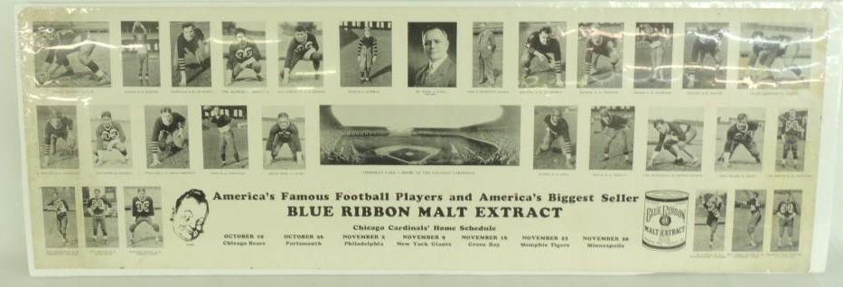 Chicago Cardinals Blue Ribbon Malt Advertising Football: This rare panorama advertising of Blue Ribbon malt extract features The Chicago Cardinals team including tackle Duke Slater and fullback Ernie Nevers. This rare work has the club's home schedule and a