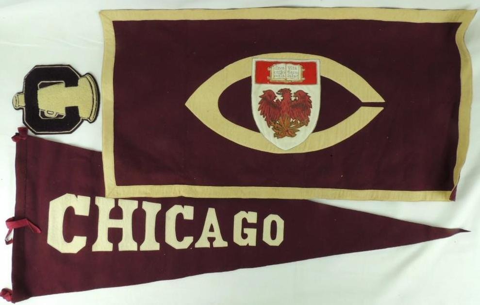 Early 1900's University of Chicago Banner, Pennant, and: Also from the coaching days of Amos Alonzo Stagg circa 1910's. Banner measures 33"x17" Pennant measures 41"