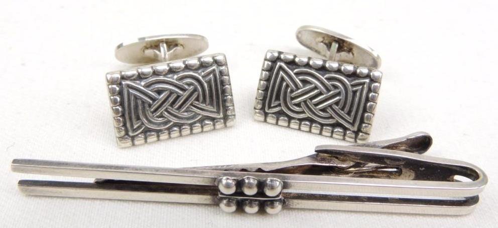 Sterling Silver Cufflinks & Tie Bar Modernist: Cufflinks Signed "David Andersen Norway Osebergfunnet", Tie Bar Made in Denmark