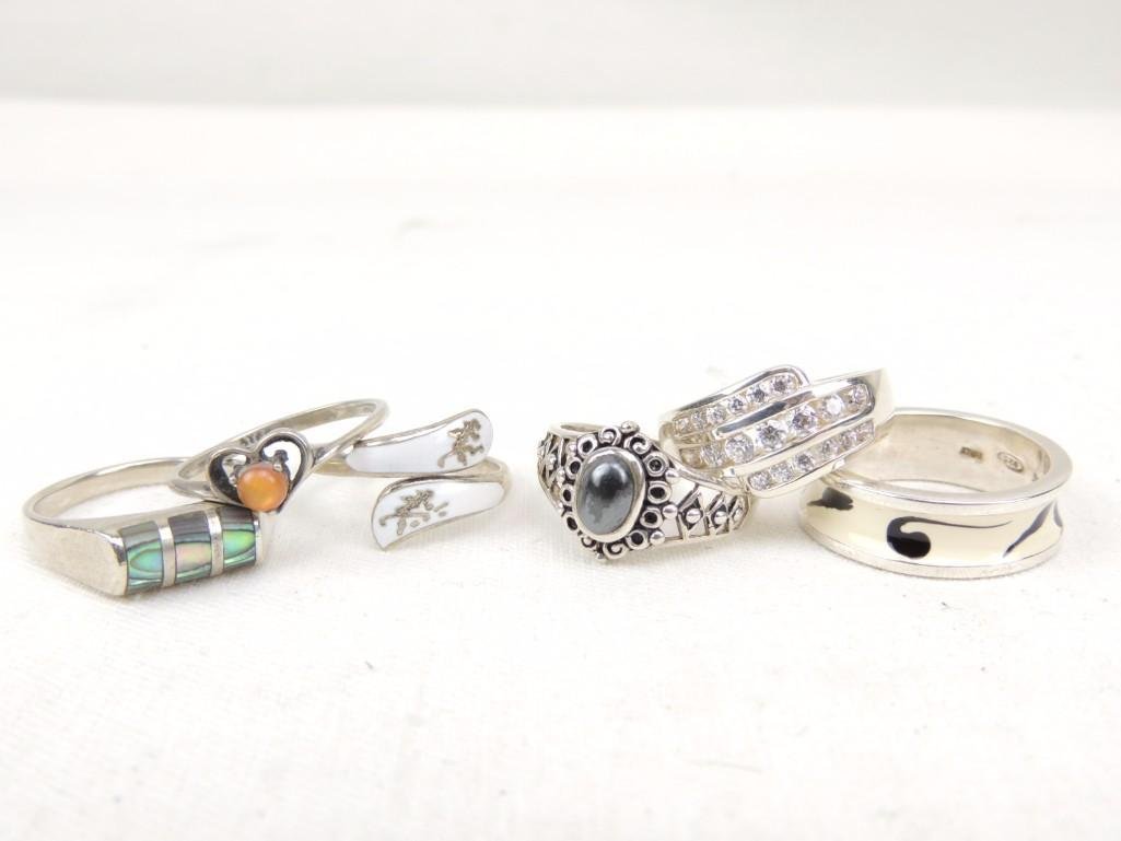 Sterling Silver Rings Lot: Lot of 6/Mixed Sizes/Enameled, CZ, Abalone