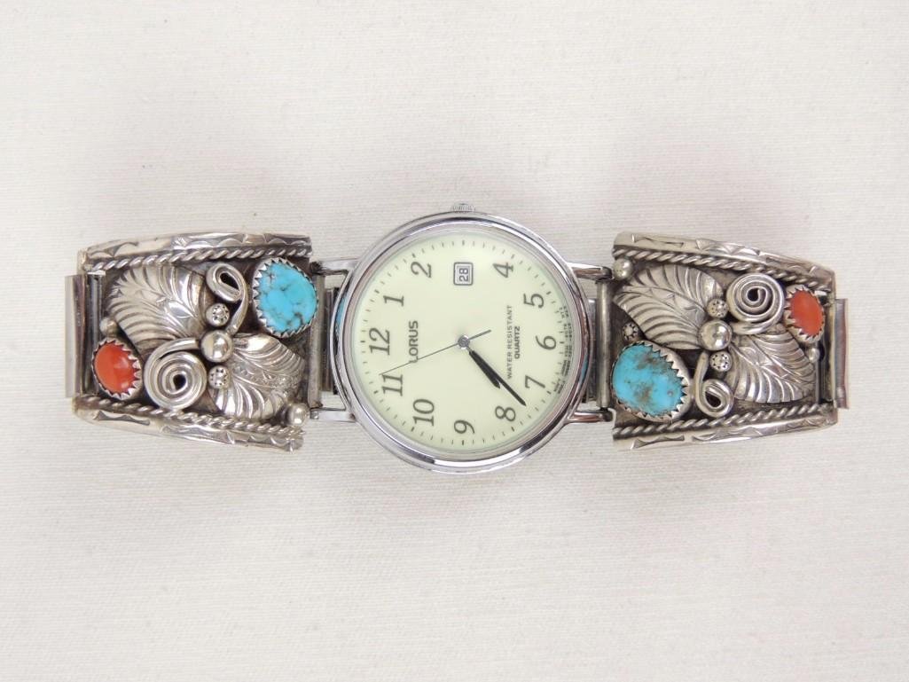 Men's Lorus Watch Sterling Silver Band: Southwestern Sterling Silver Band/Turquoise & Coral/Watch Not Tested/Makers Mark/Glow in the Dark Face