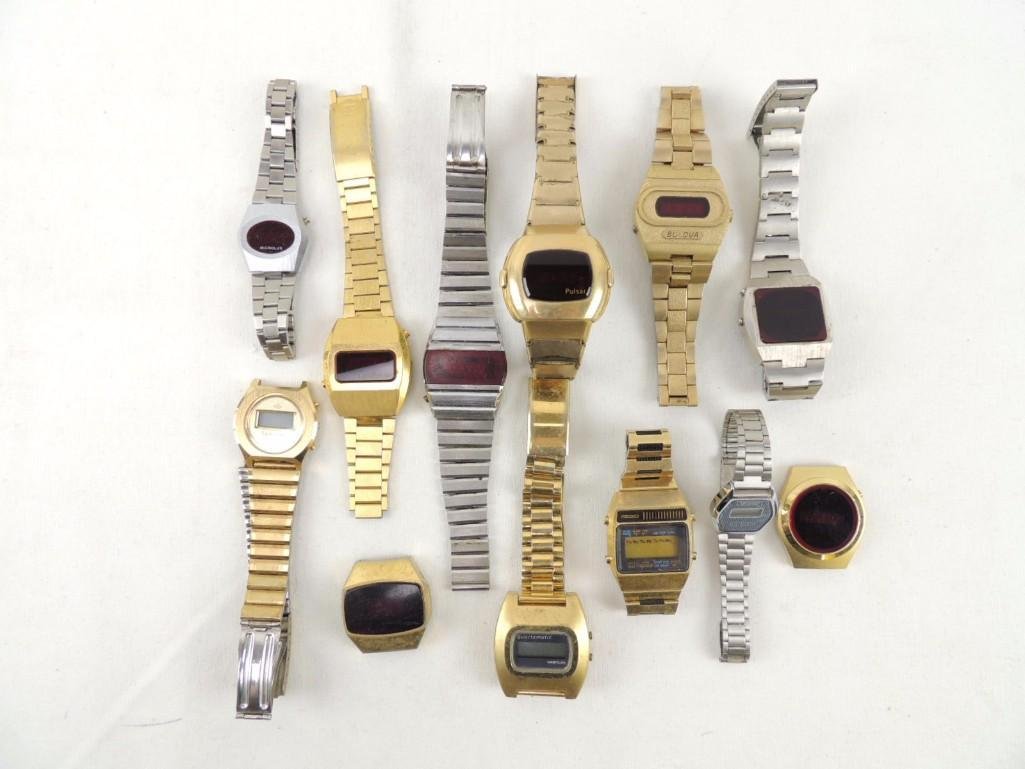 Group of 12 LED Wrist Watches: Makers Include Pulsar, Quartzmatic, Bulova, and More SOLD AS IS