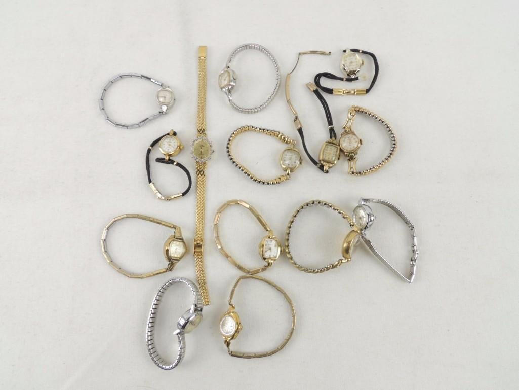 Group of 14 Women's Wrist Watches: Makers Include Waltham, Elgin, Bulova, and More