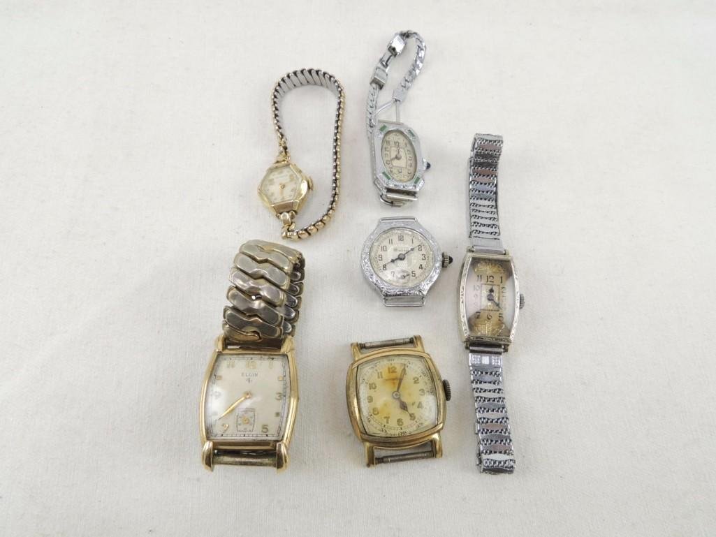 Group of 6 Wrist Watches: Makers Include Elgin, Windsor, Cyma, Wittnauer, Pittsfield, and Swiss