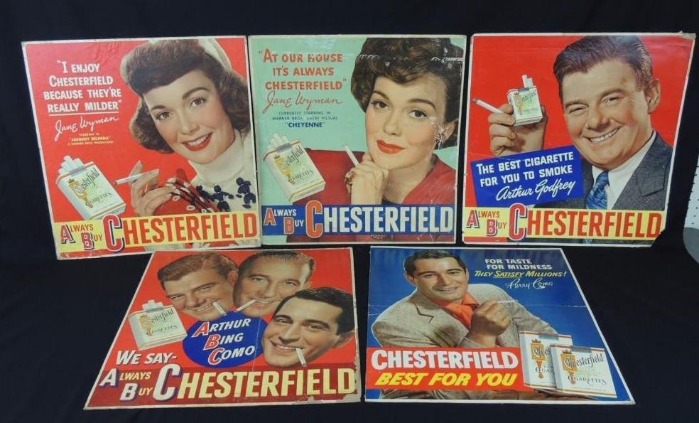 Vintage Chesterfield Cigarettes Cardboard Advertising: Group of 5, 20"x22", Featuring Perry Como, Arthur Bing Como, Arthur Godffrey, and Jane Wymann, Some Damage