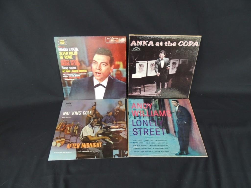 Group of 4 Cardboard Album Cover Countertop Standees: Nat King Cole, Mario Lanza, Andy Williams, and Anka. 12"x12"