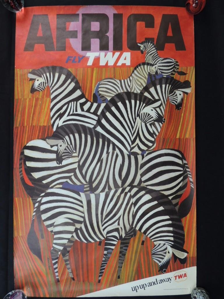 Vintage David Klein Fly TWA Africa Vintage Travel: 25"x40" Some Small Tears on Edges and Pin Holes on Corners