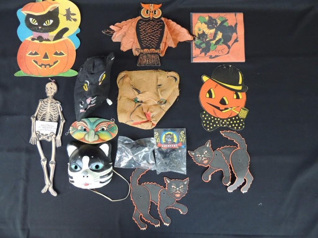 Group of Vintage Halloween Decorations Featuring Cats,: all for one money