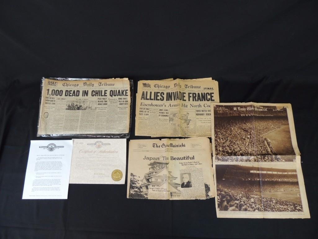 Group of 4 Newspapers Featuring The Chicago Tribune,: 1,000 Dead in Chile Quake 1922 with Coa, Allies Invade France 1944, World Series 1931, and Japan the Beautiful 1933