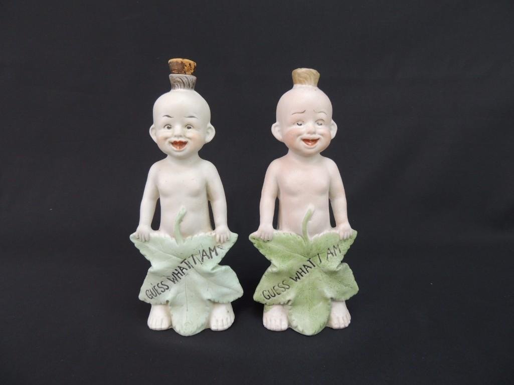 Group of 2 "Guess What I Am" German Bisque Baby Flasks : 7 1/2" Tall