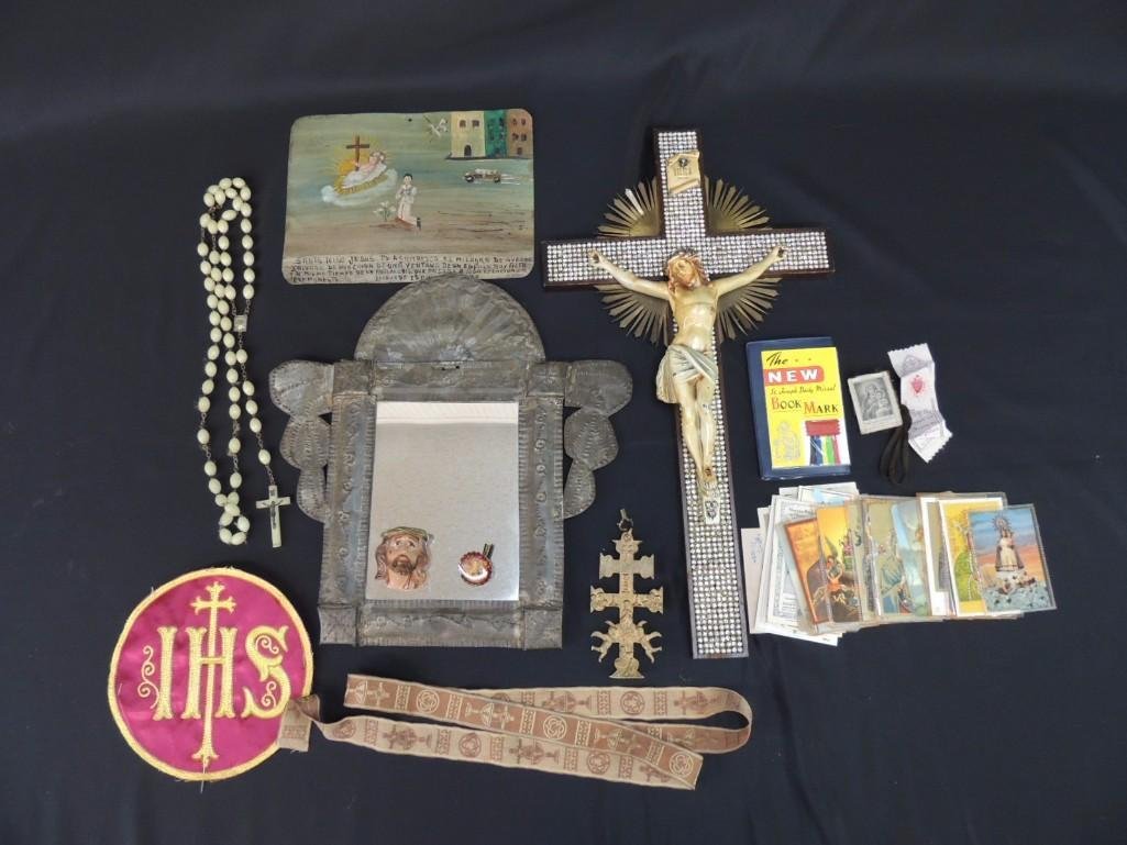 Group of Religious Items Featuring Crosses, Tin Mirror, (1 of 6)