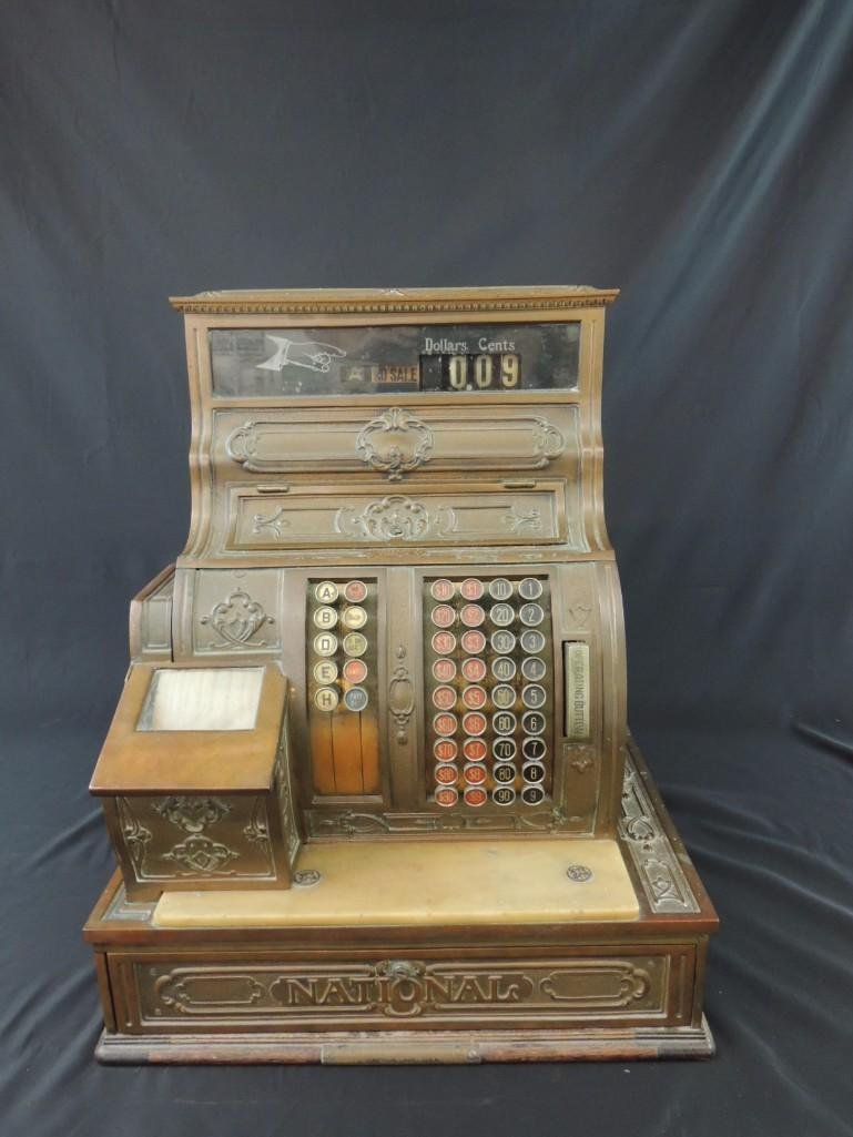 Antique National Cash Register CO. Ornate Brass Cash: Serial Number 1044450 Model Number 1064-G, Dayton Ohio, 18 1/2" Wide 22 1/2" Tall 15 1/2" Deep