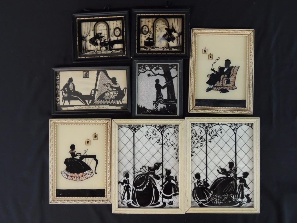 Group of 8 Silhouettes Featuring Children, Pianos, Men,: Largest 6 1/2"x8 1/2"