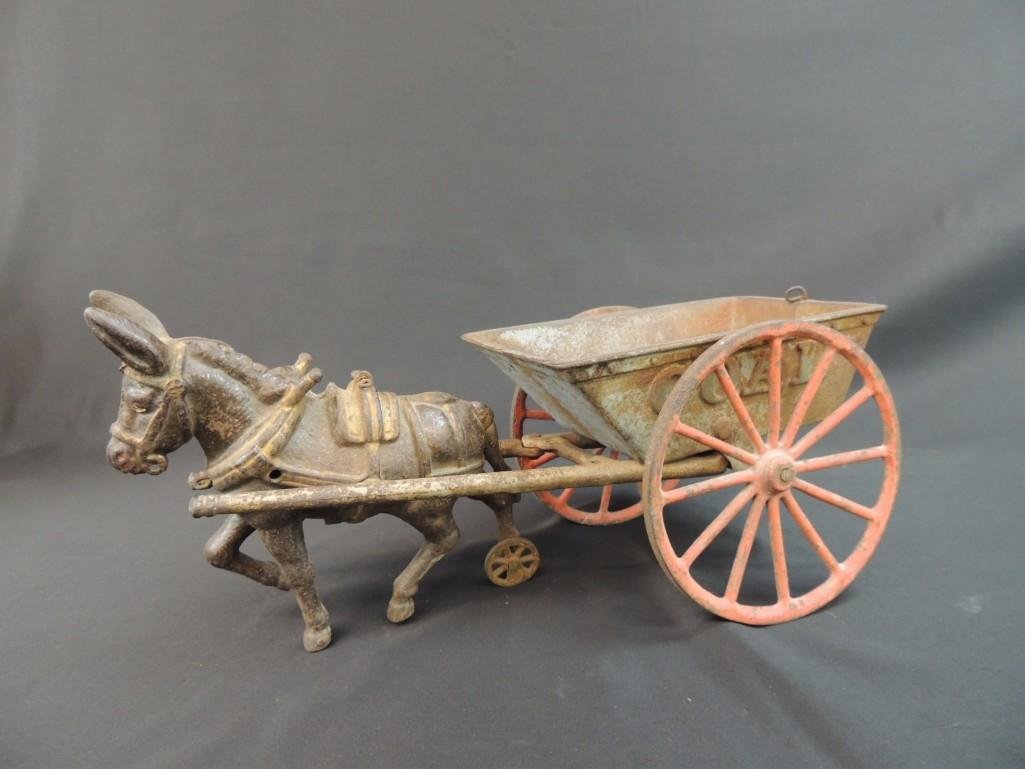 Ives Manufacturing Co. Antique Cast Iron Donkey and: Horse Missing Wheel, Doesn’t Seem to Fit the Wagon