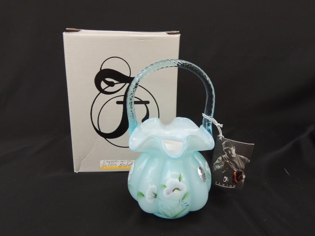 Fenton Hand Painted Signed Blue Opalescent Ruffled Edge (1 of 5)