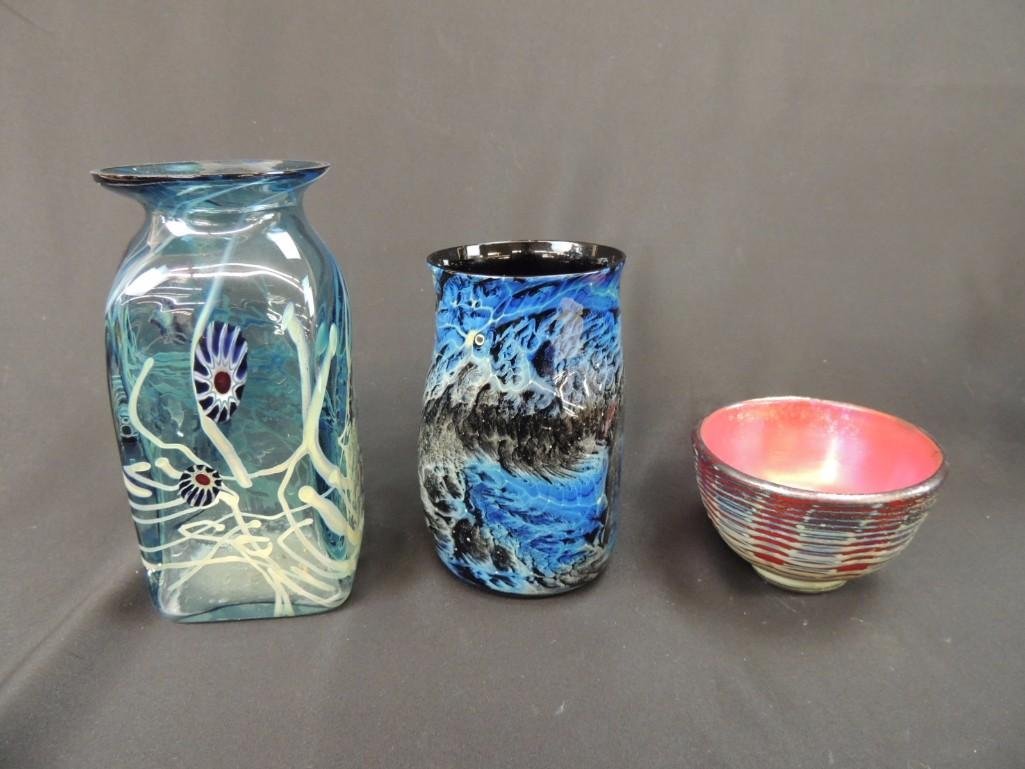 Group of 3 Signed Art Glass Vases and Bowl (1 of 3)